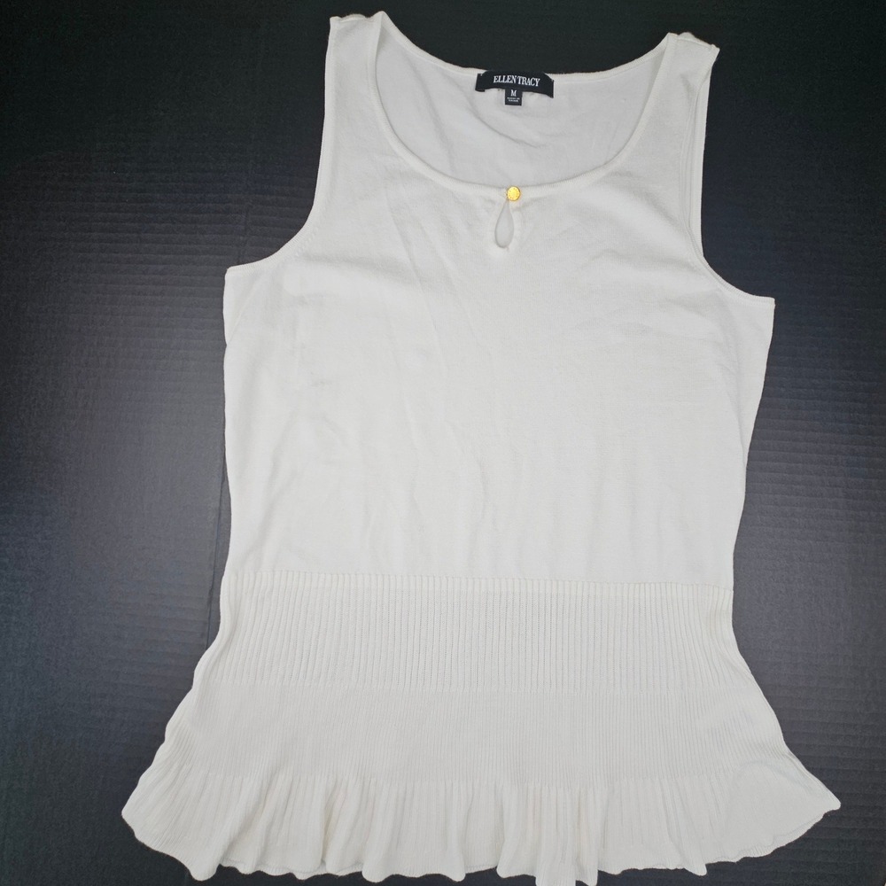 Ellen Tracy White Fine Knit Peplum Tank Top Keyhole Gold Button Womens Medium
